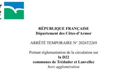 Arrêté n° 2026T2269 – D22 (Tréduder et Lanvellec) du 07/09/2026 au 18/09/2026 – Circulation alternée et limitation de vitesse